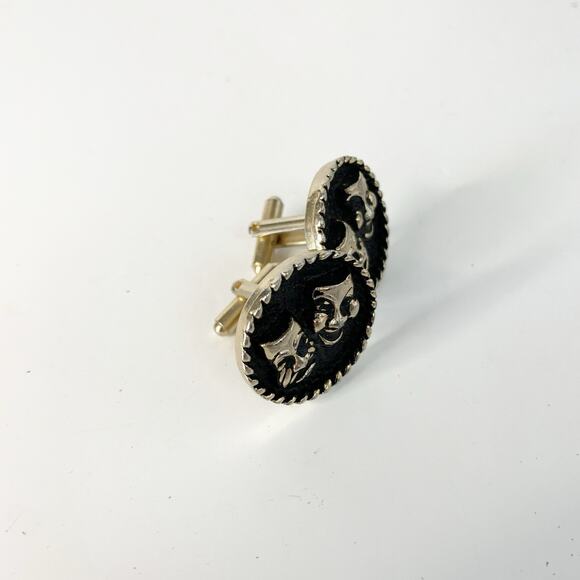Vintage 50’s Men’s Cuff Links Theater Masks Laughing Crying Tragedy Black Silver - Picture 3 of 4